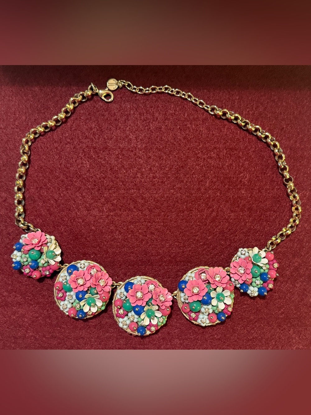 Talbots Vtg Floral Statement Gold Tone Enamel Beaded Rhinestone Bib Necklace - Picture 5 of 7